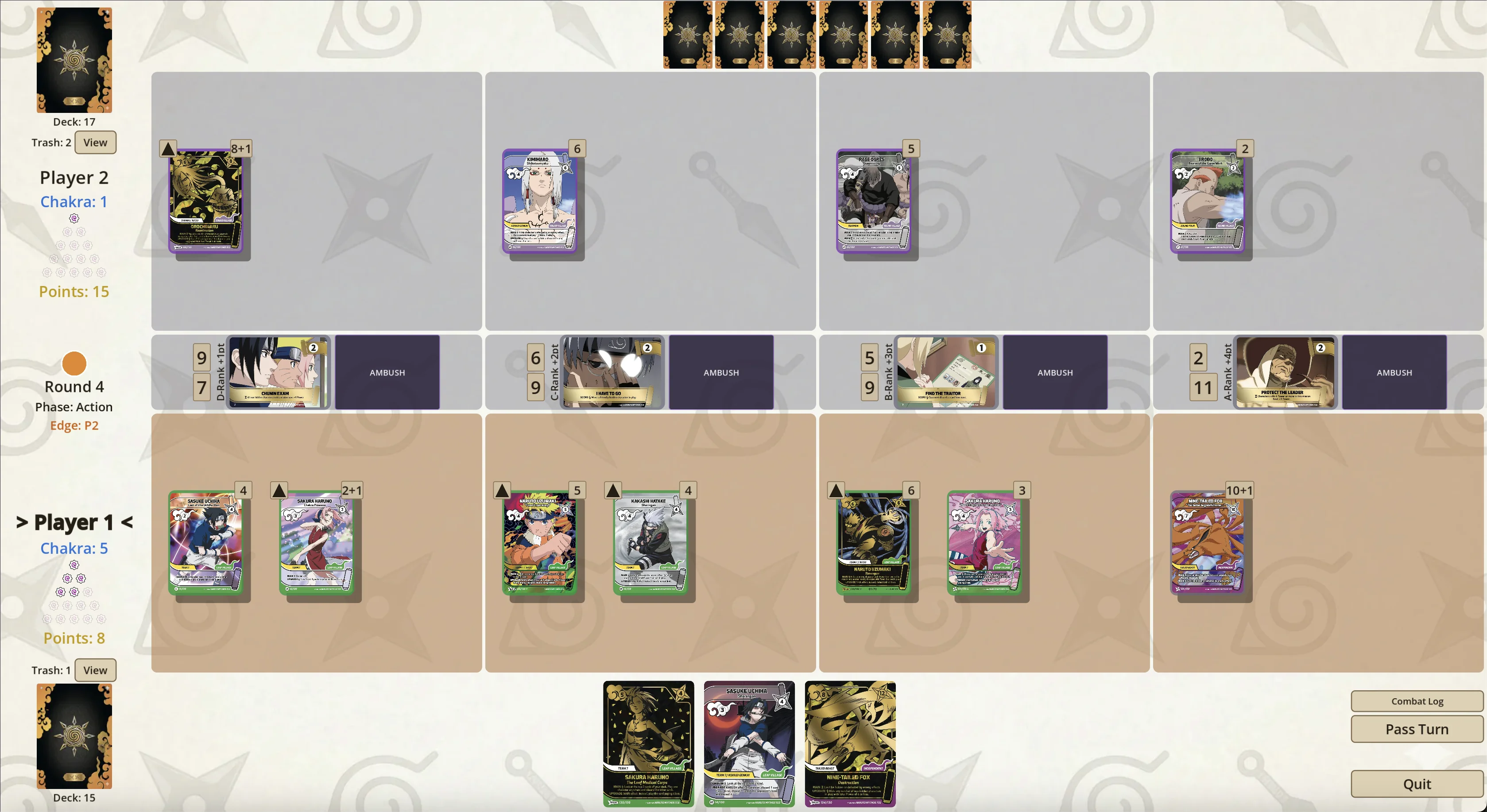 Naruto Mythos TCG Simulator gameplay screenshot showing card battle